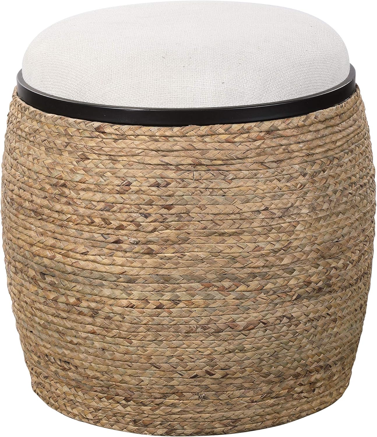MY SWANKY HOME Coastal Round Drum Rope Stool Round Beige Braided Straw Ottoman Island Casual