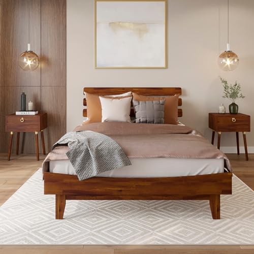 Bme Caden Solid Wood Nightstand/Side Table/End Table, Fully Assembled, with 1-Drawer for Mid Century Bedroom and Living Room, Caramel