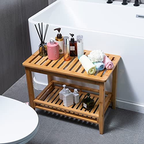 Zoopolyn Bamboo Shower Bench Seat with Storage Shelf Shower Stool Chair for Shaving Legs in Bathroom & Inside Shower Brown