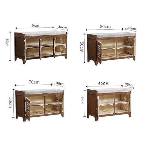 Small Bench with Storage Solid Wood Hallway Closed Shoe Rack Cabinet Organizer Narrow Entryway Bench with Seat and Doors, 90cm