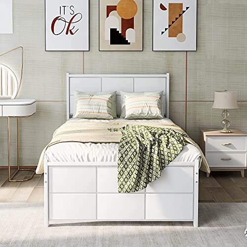 Twin Size Platform Bed, Wood Platform Bed Frame with Headboard and Footboard, Solid Wood Legs, Wood Slats Support, No Box Spring Needed, Easy Assembly, Platform Bed Frame for Kids Teens Adults(W