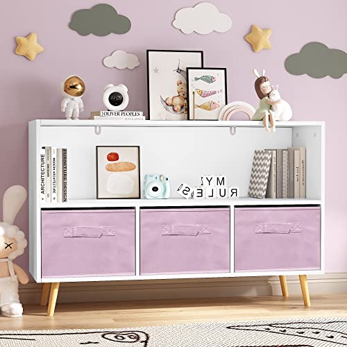 35 Inch Wooden Storage Organizer Cubby, Bookshelf with Fabric Drawers, Safe Wall-Mounted Design, Sturdy Birch Wood Construction, Perfect for Living and Learning Spaces, Easy Assembly