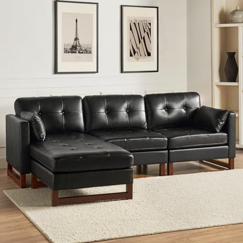 HULALA HOME Genuine Leather Sectional Sofa, 100 inch L Shaped Sofa Couches, Upholstered Reversible 3 Seater Sofa Couch with Chaise, Couches for Small Spaces, Living Room, Apartment,Brown