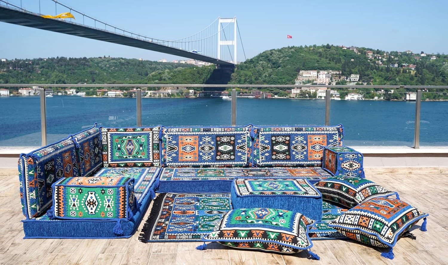 Arabic Sofa Seating Set, Floor Cushions, Moroccan Rug, Sectional Sofas, Arabic Majlis Set, Oriental Sofa, Ottoman Couch (4'' Thickness Sofa, L Sofa Full Set, Royal Blue)