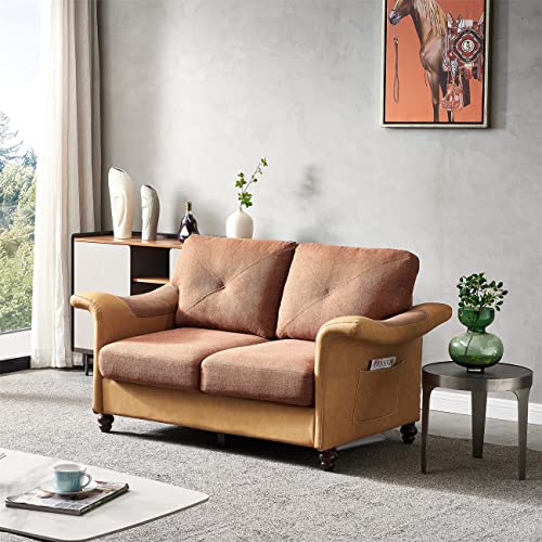 JINS&VICO 3-Seater Sofa Couch, Modern Linen Fabric Faux Leather Upholstered Accent Arm Sofa with Wooden Legs & 2 Removable Storage Boxes, Home Furniture for Living Room Bedroom Apartment, Red Brown