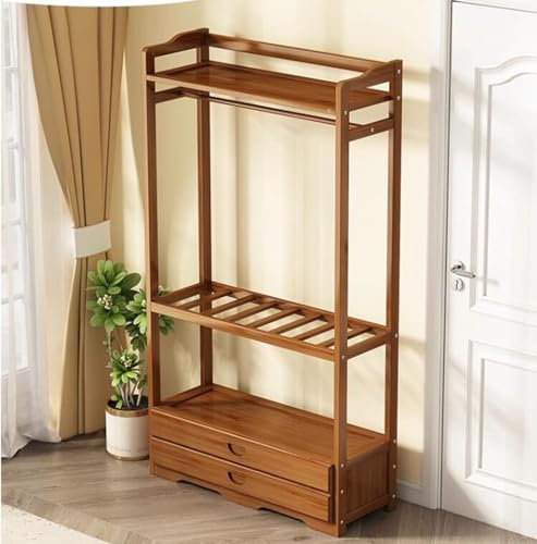 Coat Rack Freestanding with Shelves, Wood Hall Tree with Top Shelf /2 Drawer and Clothing Rack, Standing Clothes Rack Closet Organizer for Entryway, Bedroom