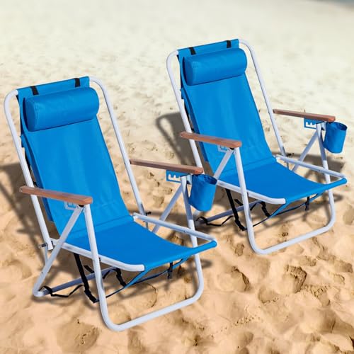 Backpack Beach Chairs for Adults 2 Pack w/Backrest Adjustment & Backpack Straps,Extra Wide & Comfortable Tall Beach Chairs w/Cup Holder,Portable Reclining Chairs for Beach,Camping,Travel
