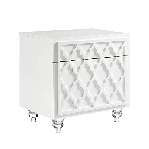 Inspired Home Sienna White Glossy Modern Nightstand - Lucite Acrylic Legs | Lacquer Finish | Side Table | Trellis Design