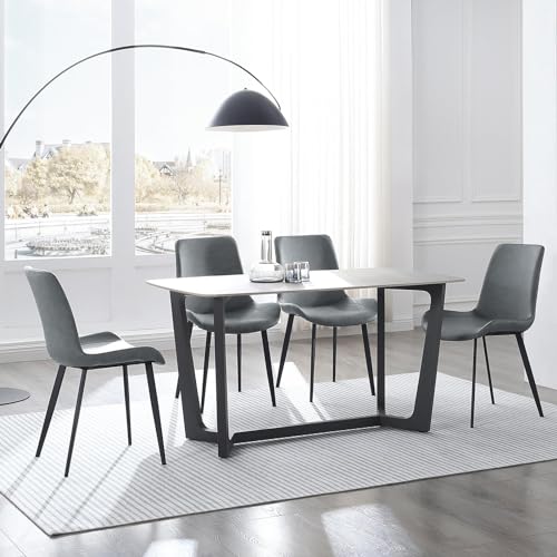 Dining Chairs Set, Upholstered Kitchen & Dining Room Chairs with Black Metal Legs, Modern Dining Accent Chairs in Faux Leather Cushion Seat (Light Gray, Set of 4)