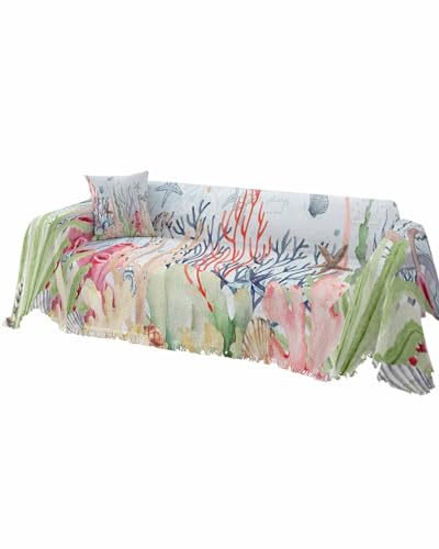 Ocean Blue Sofa Cover Couch Covers for 3-4 Cushion Couch Throw Couch Cover with Tassel Soft Sofa Slipcover Summer Coral Starfish Sea Turtle Seahorse Couch Furniture Protector for Dog Pet 71
