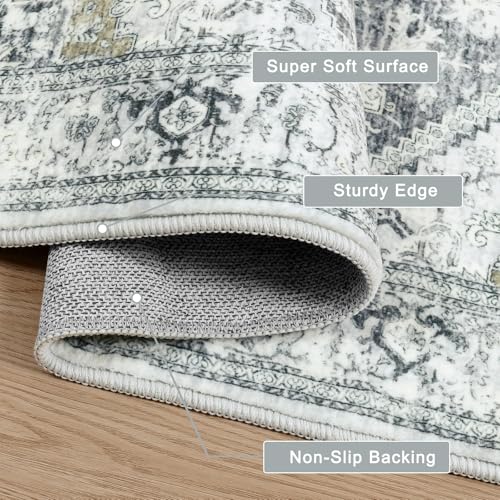 LIVEBOX Washable 9x12 Area Rugs, Large Rugs for Living Room Boho Soft Non-Slip Rug, Low-Pile Vintage Medallion Rug, Retro Indoor Rugs for Dining Room Bedroom Office Sage Green