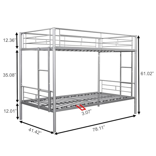 Donext Twin Over Full Metal Bunk Bed, Heavy-Duty Bunk Bed with Guardrail, Space-Saving Bunk Bed for Kids, Teens, Adults, 2 side Ladder, No Box Spring Needed, Silver