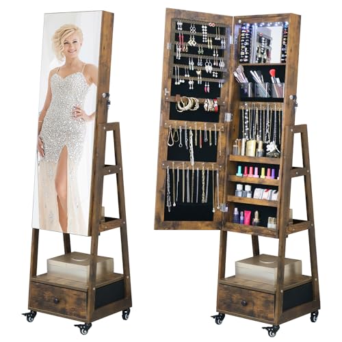 Mirror Jewelry Cabinet 62 Inch Full Length Mirror with Standing Jewelry Armoire Organizer, Lockable Jewelry Storage Cabinet With Drawer Wheels White