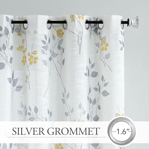 Beauoop Floral linen Semi Sheer Curtains 108 Inches Long 2 Panels for Living Room Bedroom Yellow Grey Farmhouse Flower Patterned Light Filtering Textured Grommet Top Window Treatments Drapes, 50x108