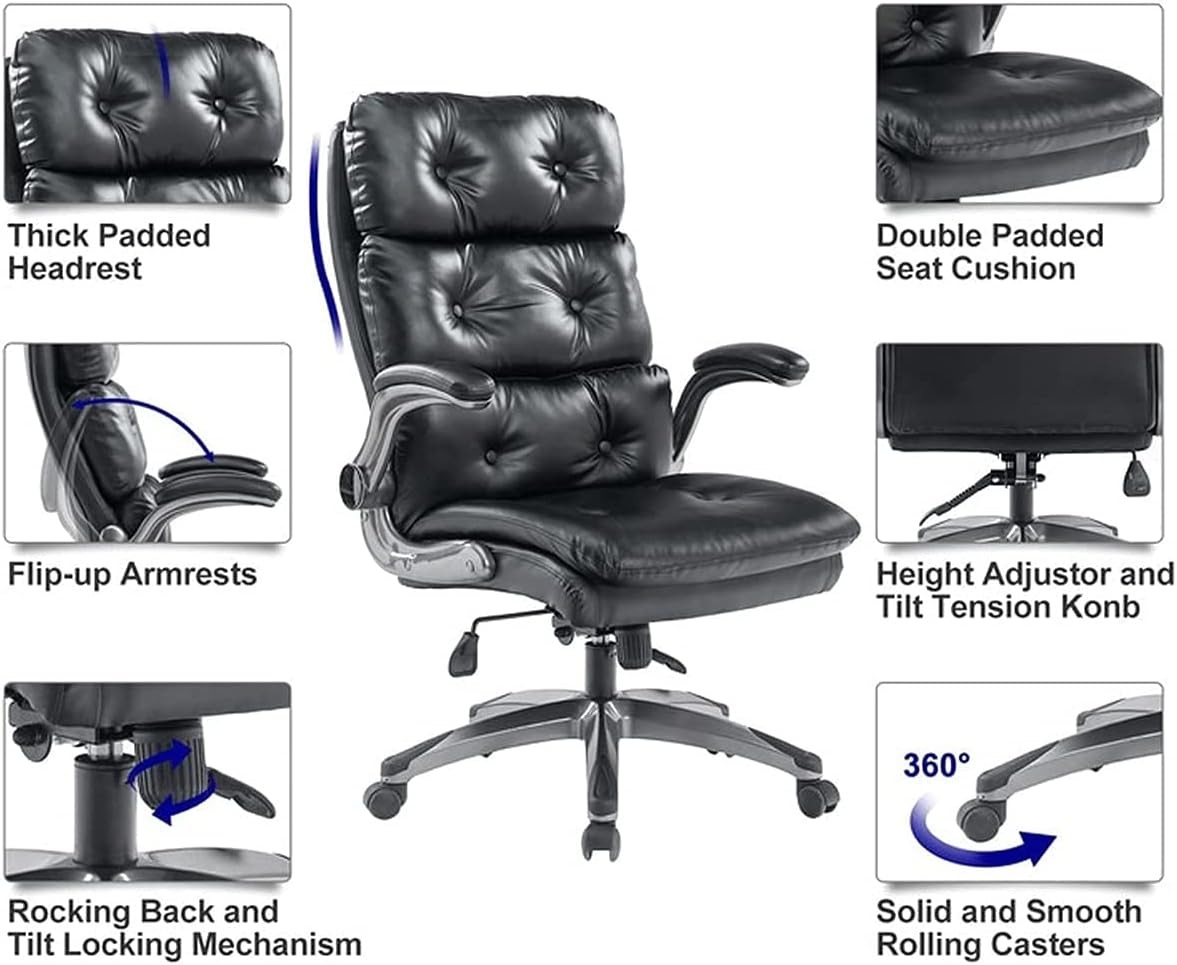 Office Chair Big and Tall PU Leather Executive Home Desk Chair, Thick Padding and Ergonomic Lumbar Support with Adjustable Tilt Angle (