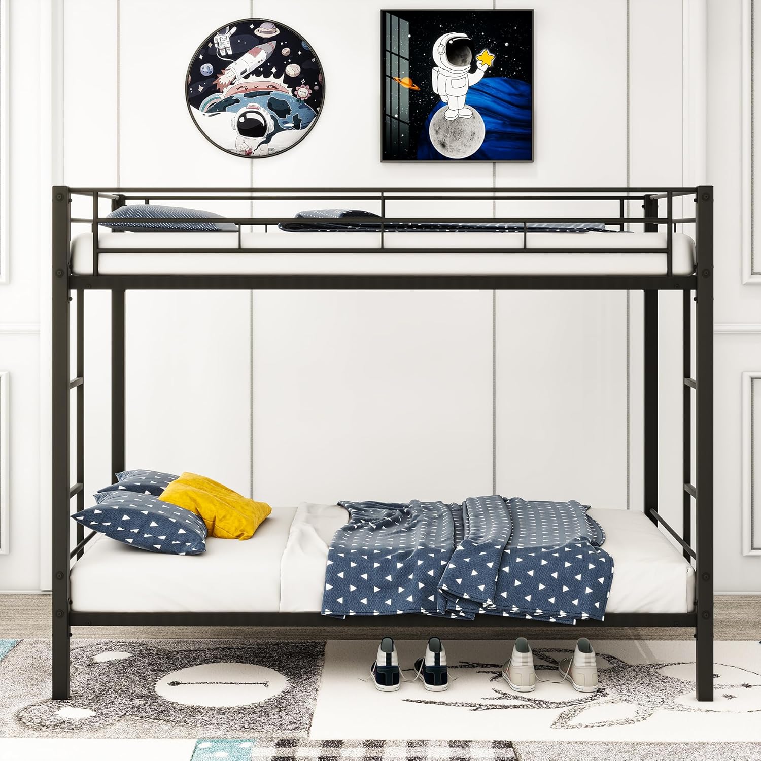 Bunk Metal Bed Frame Twin Over Twin with Slat & Ladder &Guardrail Space-Saving Twin Size Bed Frame/Under Bed Storage Heavy Duty Steel Bed Frame Black