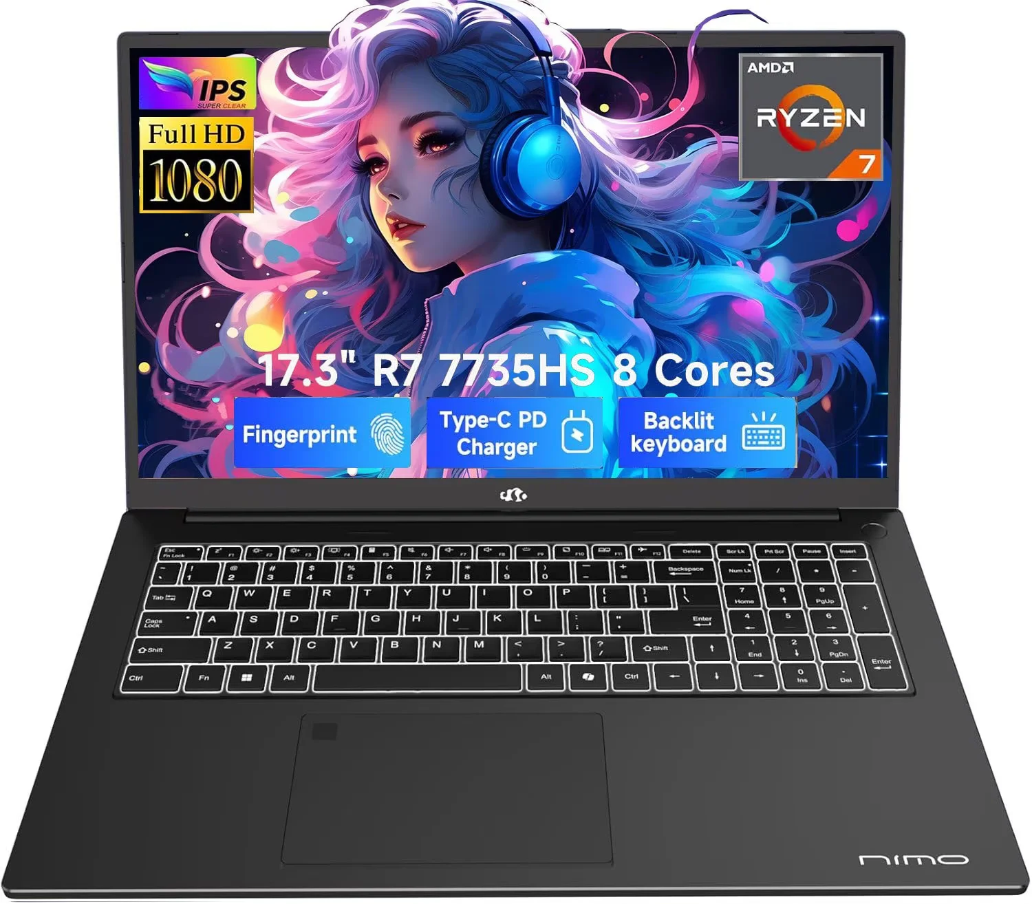17.3" Gaming-Laptop, AMD Ryzen 7 7735HS (8C/16T, Beats i7-12650H) 16GB DDR5 RAM 512GB SSD Computer with Radeon 680M, 100W Type-C, WiFi-6E, 75Wh Battery, Fingerprint, Backlit Keyboard for Business