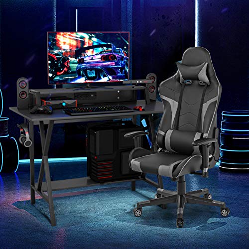 Tangkula Gaming Desk and Chair Set, Ergonomic E-Sport Gamer Desk & Racing Chair Set w/Cup Holder, Monitor Stand, Earphone Hook, Massage & Headrest, Home Office Computer Desk Chair Set (Blue)