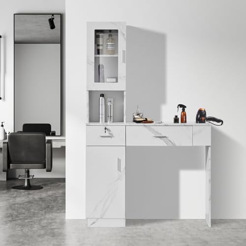 VEVOR Salon Station, Wall Mount Barber Salon Station for Hair Stylist, Beauty Spa Furniture Set, 1 Storage Cabinet, 3 Cubbies and 2 Drawers(One Lockable), Black