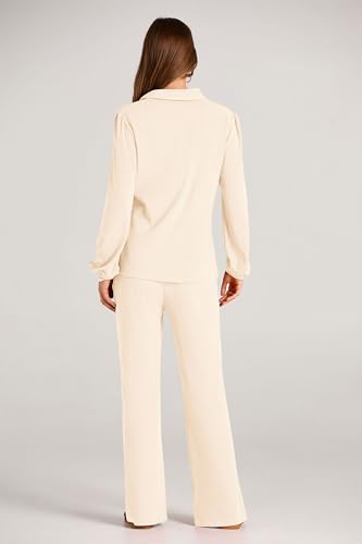 PRETTYGARDEN Womens Fall Clothes Two Piece Outfit Set Long Sleeve Lapel V Neck Tops Blouses Wide Leg Pants Ribbed Tracksuit