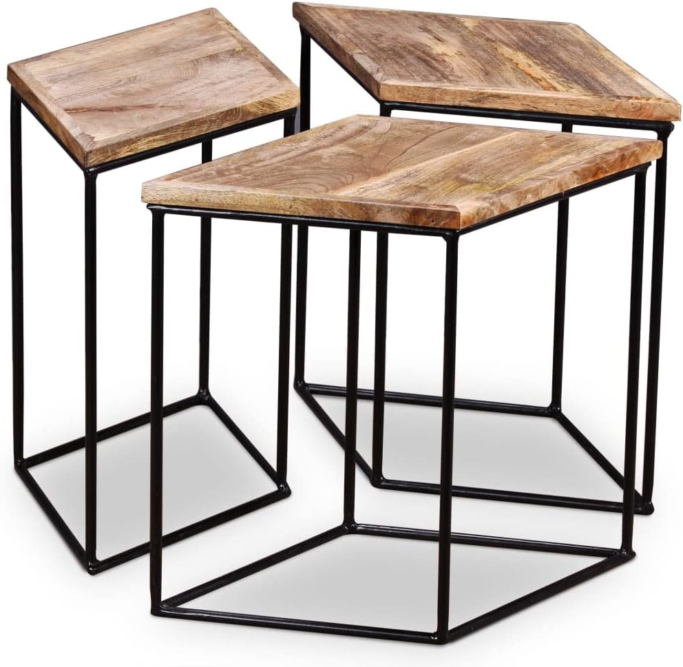Solid Mango Wood Coffee Table, 3 Pieces, Assembled Nesting Table 56x48x40cm with Modular Iron Frame, Vintage Side Tables, Nightstands for Living Room, Bedroom