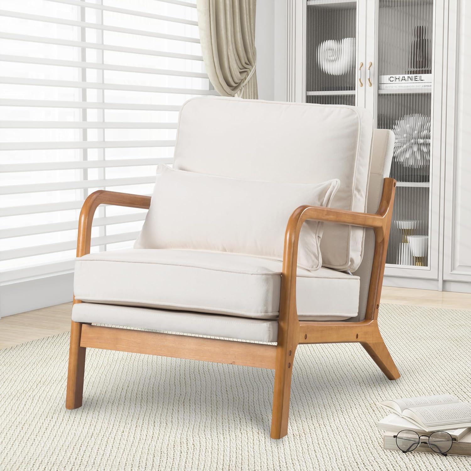 Accent Mid-Century Modern Pillow Upholstered Lounge Arm, Reading Armchair with Solid Wood Frame & Soft Cushion, Living Room Chairs for Bedroom,Sunroom, Beige