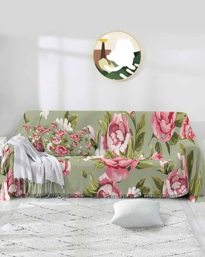 Spring Summer Sofa Cover Couch Covers for 3-4 Cushion Couch Throw Couch Cover with Tassel Soft Sofa Slipcover Watercolor Leaves Floral Rose Red Furniture Protector Couch for Dog Pet 71