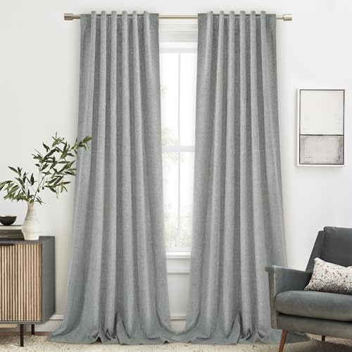 Ivory White Linen Blackout Curtains 96 Inch Length 2 Panels Set for Bedroom Back Tab Thermal Insulated 100% Black Out Linen Drapes Living Room Darkening Window Curtains 96 Inches Long 8 FT