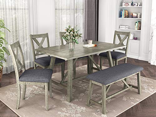 Farmhouse Style Wood Dining Table Set, 6-Piece Kitchen Table Set with Long Bench and 4 Dining Chairs,Designed for A Large Family (Walnut+GrayN*)
