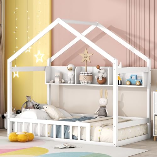 Merax Kids House Bed, Twin Size Wooden Bed Frame with Fence, Roof and Storage Shelf for Kids Teens Adults, Wood Slat Support, No Box Spring Needed, Easy Assembly, White