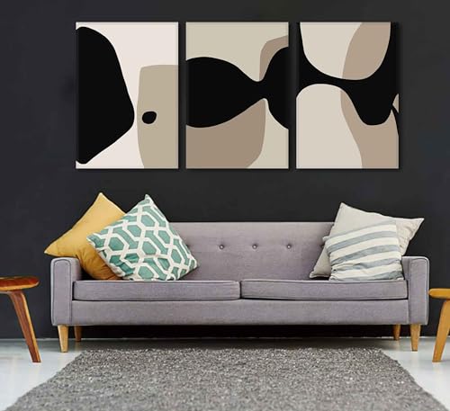 3Pcs Black and Beige Canvas Wall Art Minimal Neutral Abstract Posters Pictures Boho Black Lines Paintings Mid Century Modern Prints for Bedroom Living Room Farmhouse Gallery Wall Decor Framed