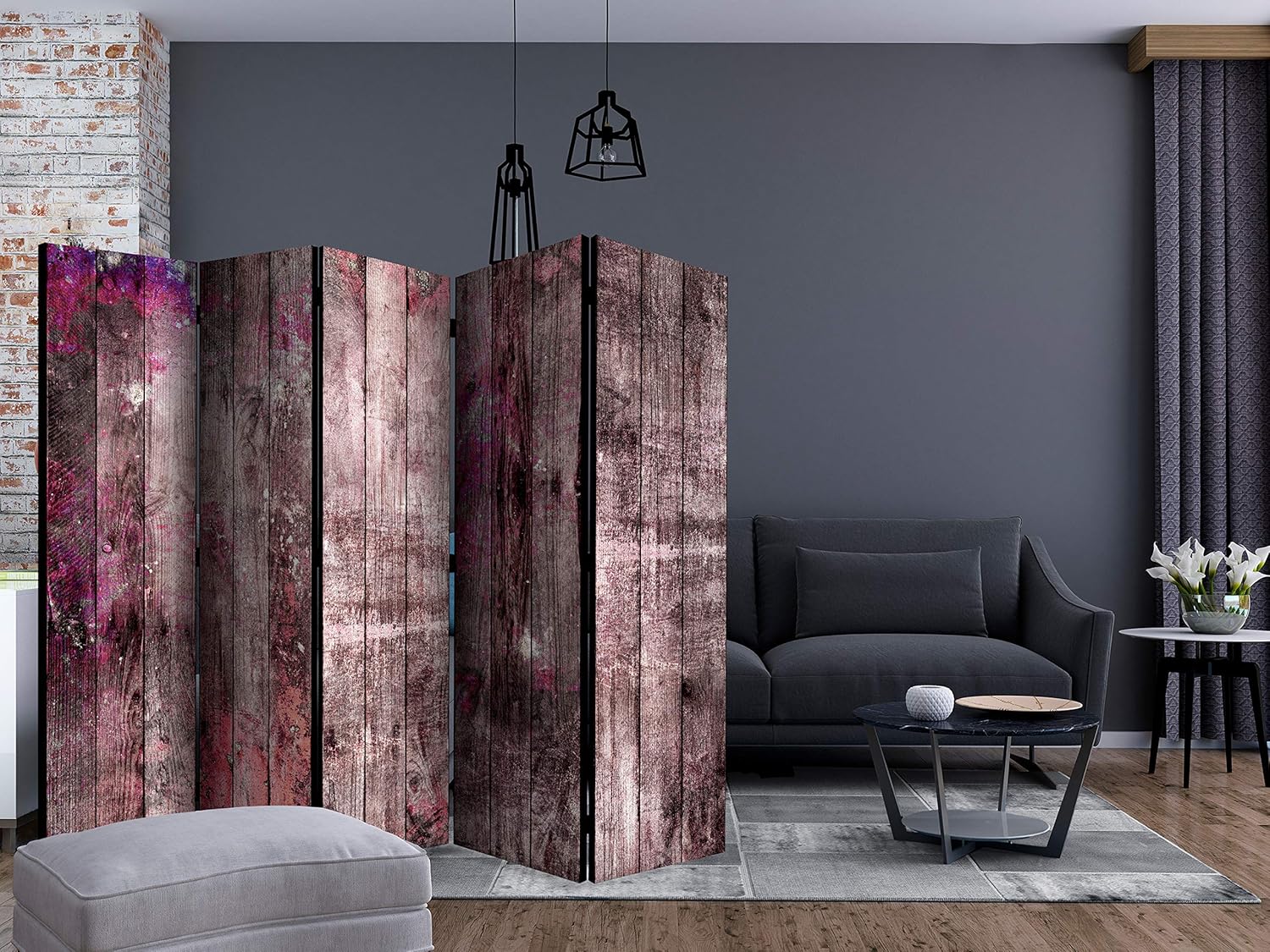 artgeist Acoustic Room Divider Faux Wood 90x68 in - Double-sided Folding Screen Print on Non-woven Canvas Acoustic Foam 5 Panel Home Office Boards Violet Brown f-A-0770-z-c