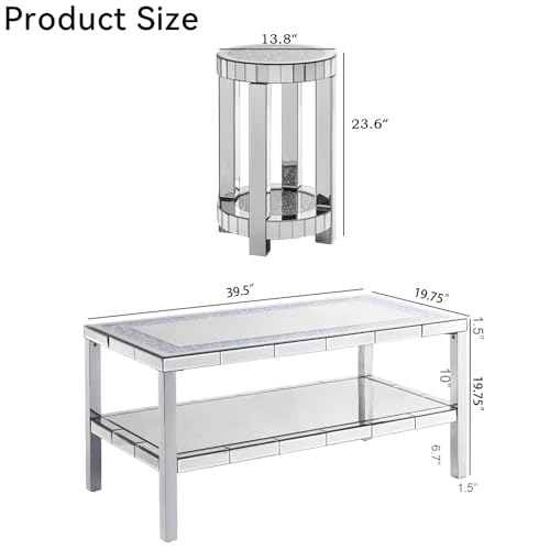 SSLine Modern Mirrored Coffee Table with 2 End Table Luxury 3-Piece Living Room Coffee End Table with Silver Mirror Finish & Shiny Diamond Decor Top 2-Tier Rectangle Center Table and Round Side Table