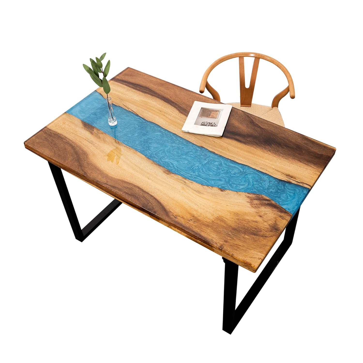 Coffee Table With Turquoise Epoxy Resin And Timber Live River Edge Stylish Designer Modern Rectangular Wooden Rustic Dining Table For Living Room Apartment Office Kitchen Farmhouse (80''X33'')