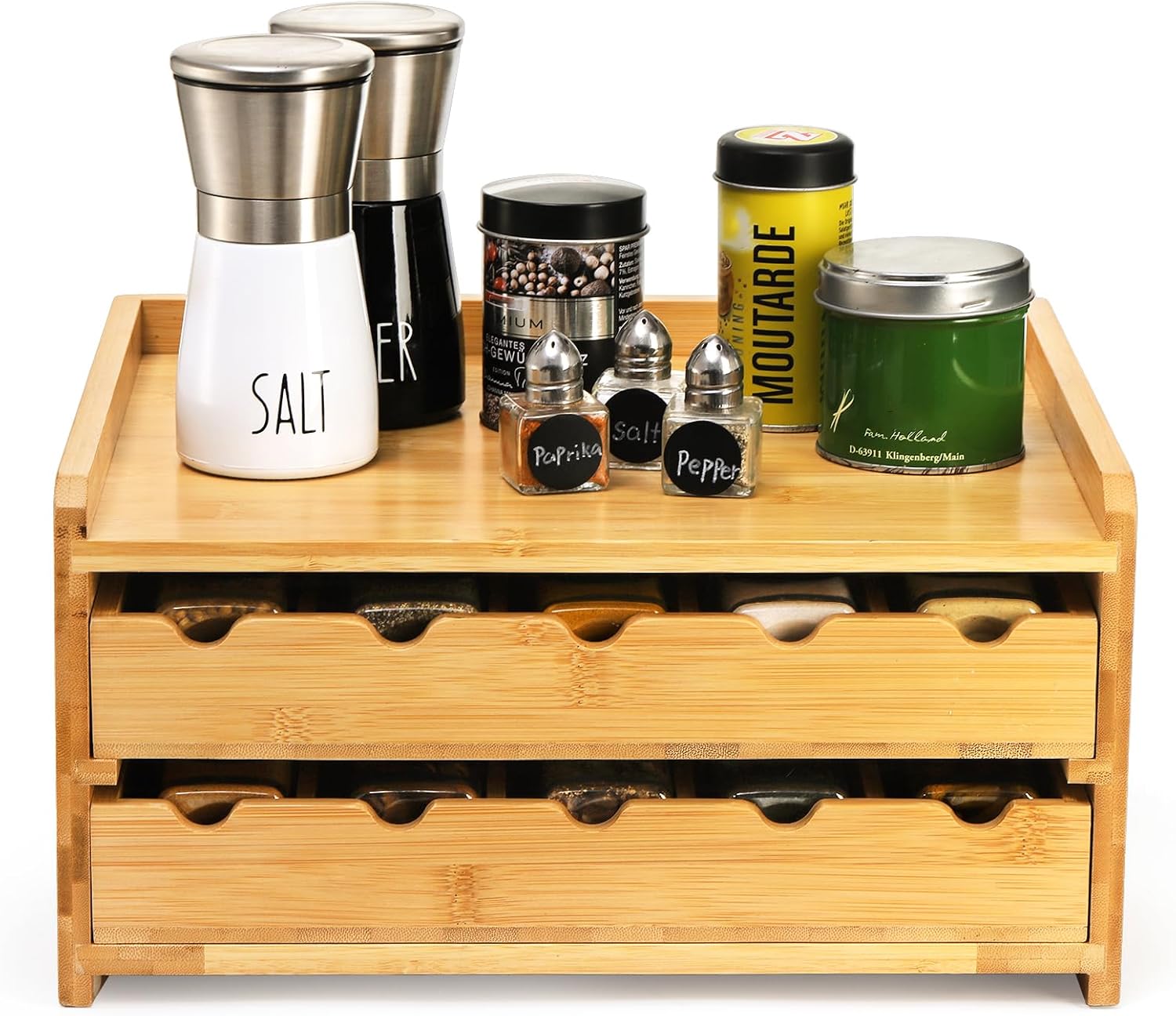 Jucoan Bamboo Spice Rack Organizer, 2-Tier Pull Out Spice Seasoning Shelf Holder 20-Bottles Seasoning Spices Jars Organizer for Kitchen Countertop Cabinet No Assembly Required