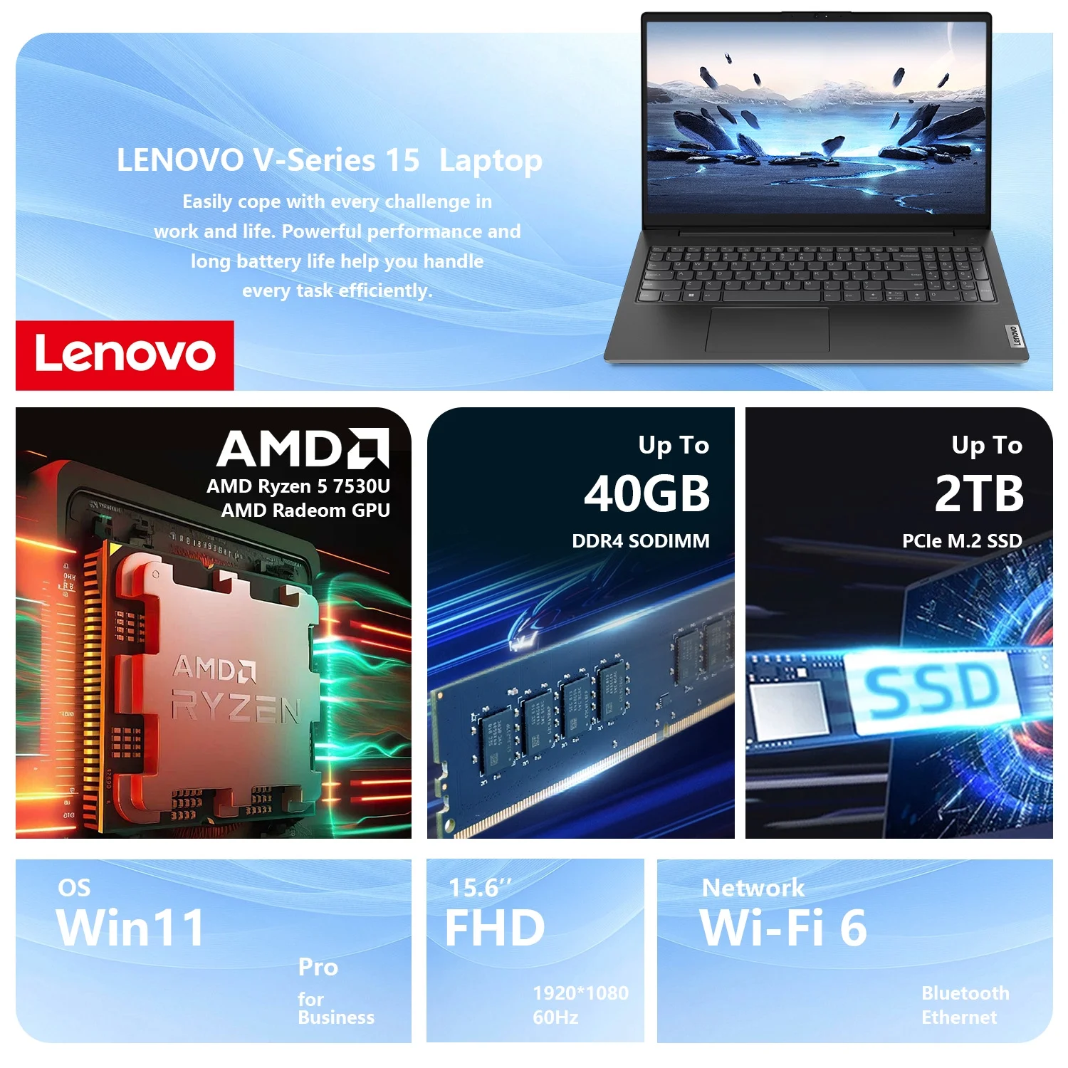 Lenovo V15 G4 15.6" FHD Laptop, AMD Ryzen 5 7530U, 16GB RAM, 1TB SSD, Wi-Fi 6, Windows 11 Pro, Black