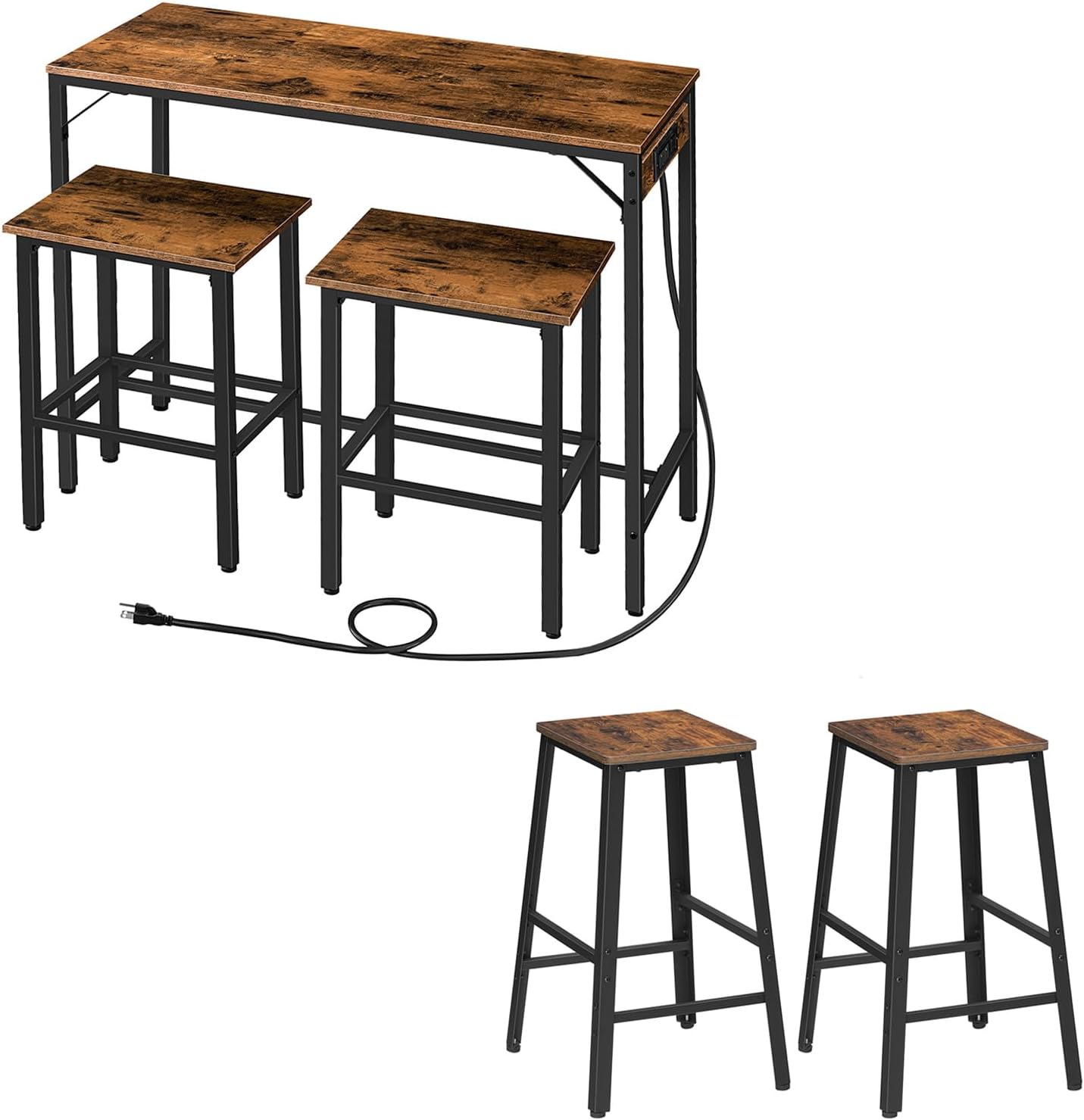 HOOBRO Bar Table and Bar Stools Bundle，47.2“ Bar Table and Chairs Set and Set of 2 Bar Stools, for Dining Room, Kitchen, Bar, Rustic Brown BF46UBT01-BF119BY01