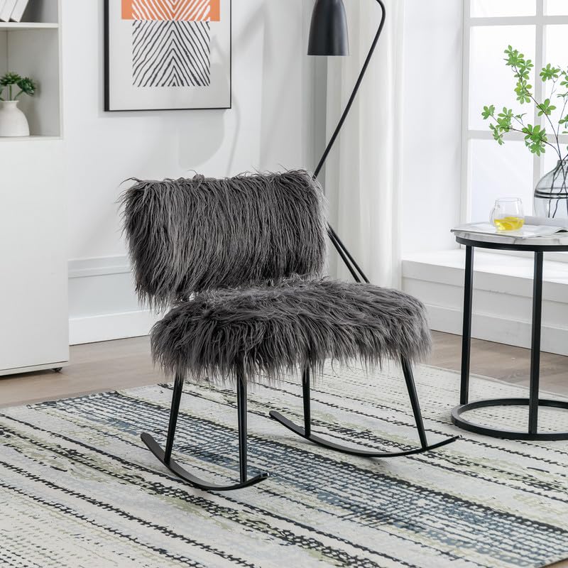 Mid Century 25.2'' Wide Faux Fur Plush Rocking Chair, Retro Leisure Chair with Metal Rocker, Fluffy Upholstered Glider Chair, Club Chairs for Living Room, Studio, Office, Dressing Room