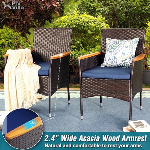 PHI VILLA 8-Piece Patio Dining Set for 6,1 Rectangular 60 Inch Metal Umbrella Table & 6 All Weather PE Wicker Cushioned Chairs & with 13ft Double-Sided Outdoor Umbrella(No Base, Navy Blue)