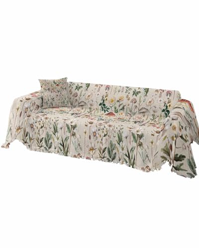Botanical Cover Couch Covers for 3-4 Cushion Couch Throw Couch Cover with Tassel Soft Slipcover Vintage Watercolor Mushroom Flowers Plants Beige Couch Furniture Protector for Dog Pet 71