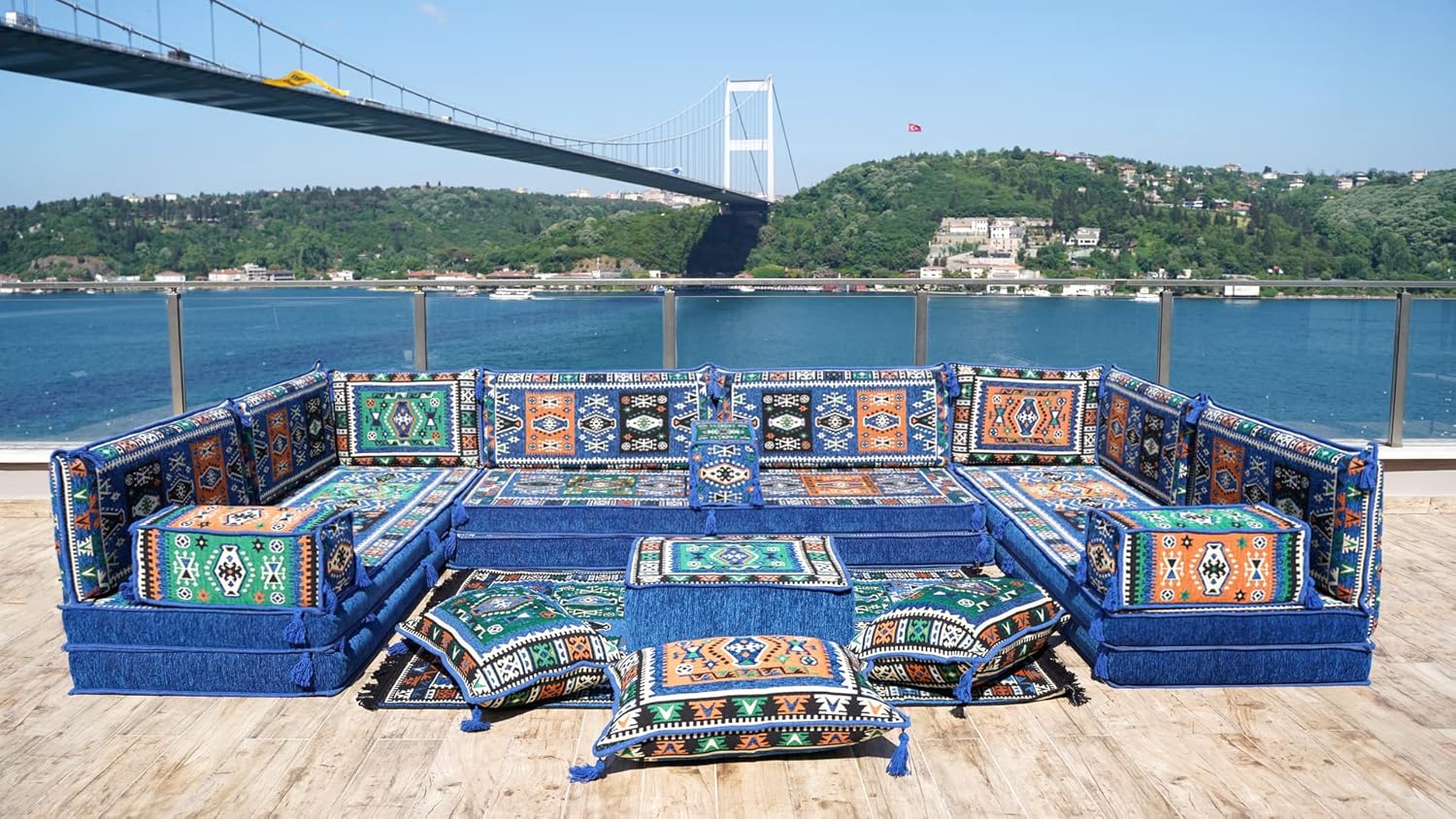 Arabic Sofa Seating Set, Floor Cushions, Pallet Sofa, Ethnic Sofa, Moroccan Rug, Sectional Sofas, Arabic Majlis Set, Oriental Sofa (8'' Thickness Sofa, U Sofa Full Set, Royal Blue)