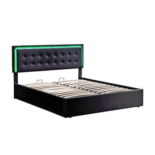 Queen Size Bed Frame, Platform Bed Frame with Hydraulic Storage System, LED Lights, Space Saving, Tufted Upholstered Platform Bed, Easy Assembly for Bedroom
