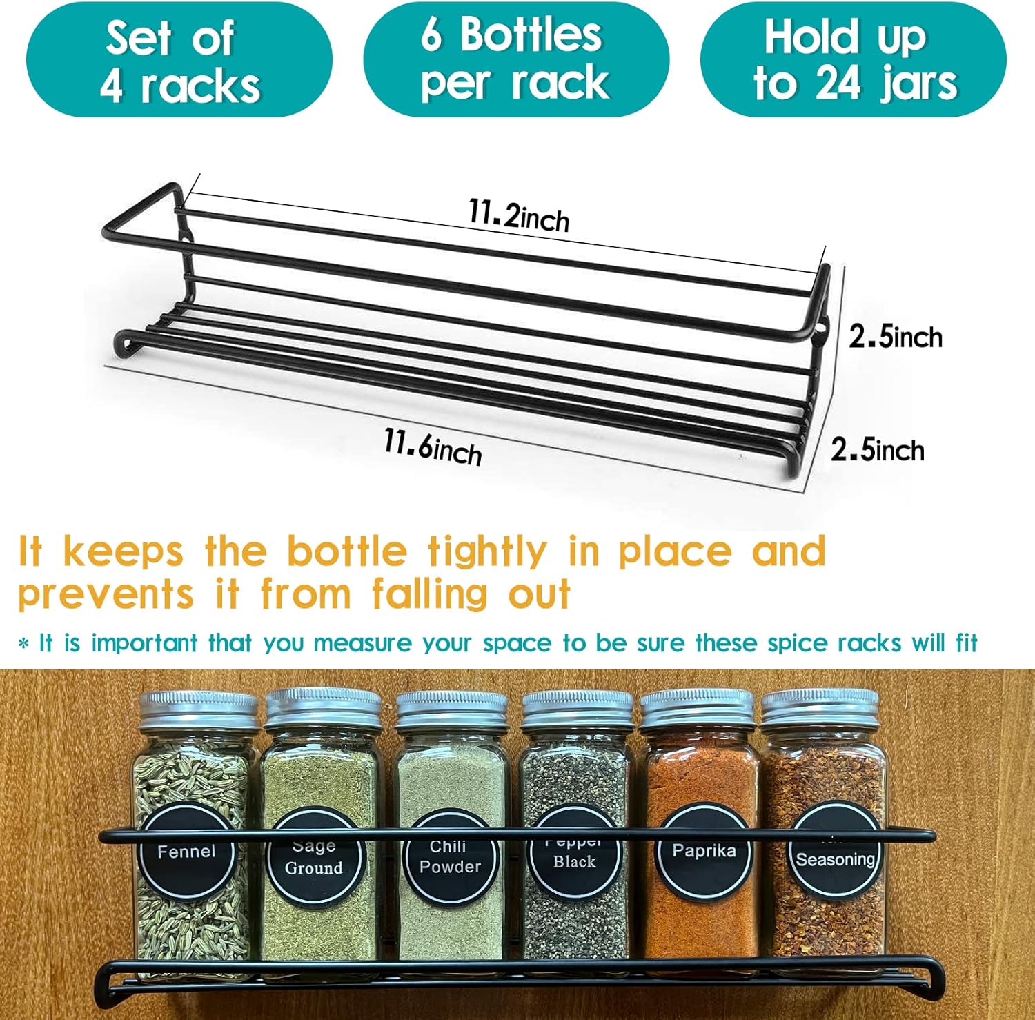 4Pcs Spice Rack Wall Mount Space Upgrade of Bolded Saving Spice Organizer for Spice Jars and Seasonings,Screw or Adhesive Hanging Spice Shelf Rack Organizer for Kitchen Cabinet Pantry Door