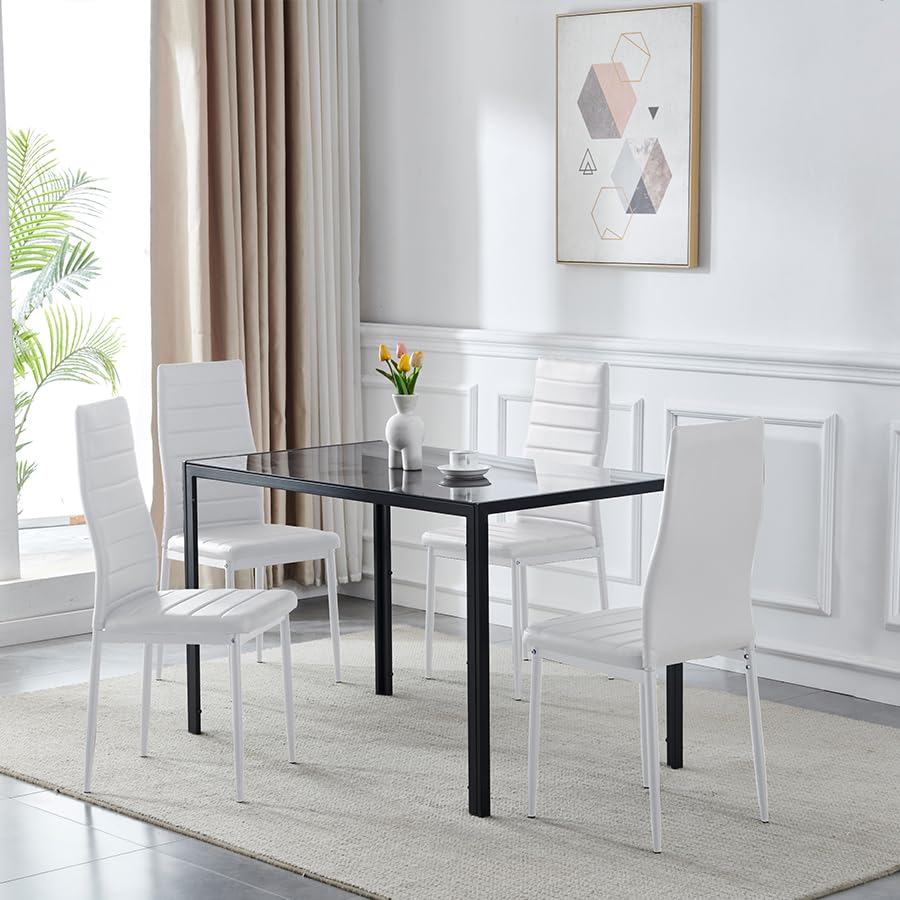 Dining Table Set for 4, 5 Piece Kitchen Table and Chairs for Dinette, Apartment, Compact Space-Saving w/Tempered Glass Tabletop and 4 Chairs (Gray Mable Effect+white, Medium)