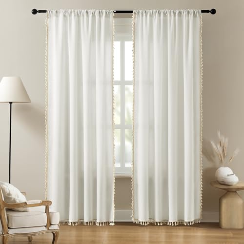 HOMEIDEAS Ivory Cream Boho Curtains for Bedroom, Farmhouse Linen Sheer Curtains 96 inches Long 2 Panels Set, Rod Pocket Privacy Light Filtering Living Room Curtains, Country Rustic Linen Curtains