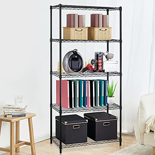 Storage Shelves 5 Tier Metal Wire Shelving Unit Heavy Duty NSF Height Adjustable Utility Steel Commercial Grade Shelves 36 Inches L x 14 Inches W x 72 Inches H for Garage Office Kitchen — Black