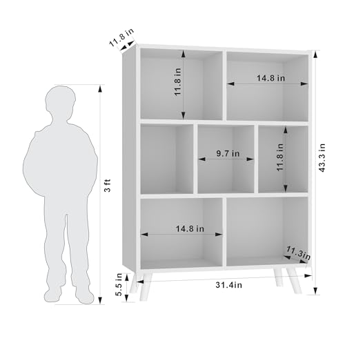 Oak Mid-Century Modern 3-Tier bookshelf, 7 cube Wood Bookcase with legs, Minimalist kids bookcase for Bedroom, Living Room, 31.4