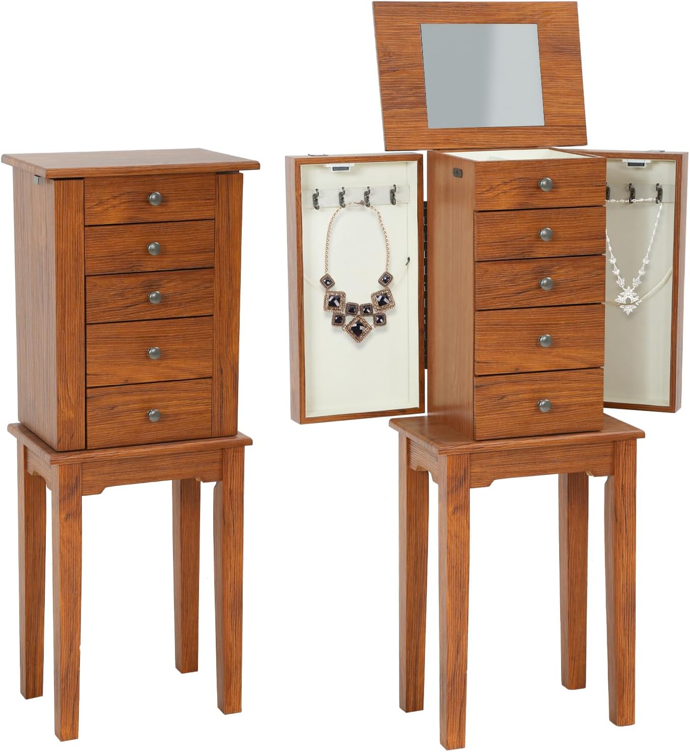 Jewelry Armoire Standing Jewelry Cabinet 5 Drawers 2 Side Doors And 8 Necklace Hooks Wood Storage Cabinet Chest With Top Storage Organizer Flip Mirror (Brown）