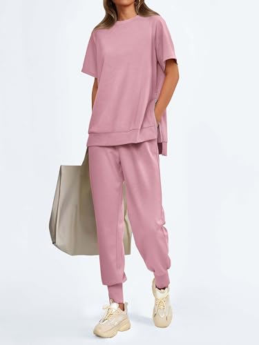 MASCOMODA 2 Piece Outfits for Women 2024 Summer Crewneck Short Sleeve Tops Long Sweatpant Casual Tracksuit Jogger Lounge Sets