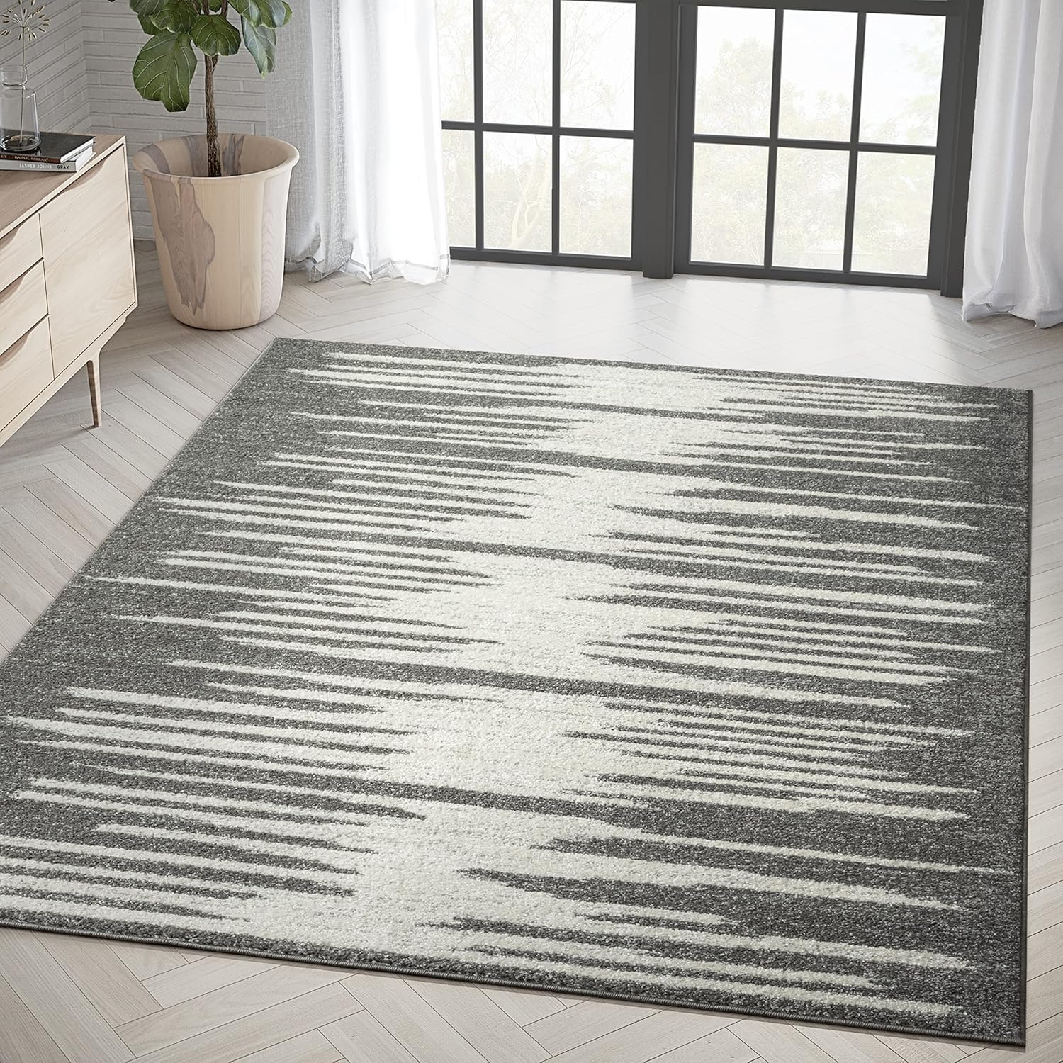 Abani 6' x 9' Geometric Design Grey & Cream Contemporary Style Area Rug Rugs - Unique Stripe Non-Shed Dining Room Rug